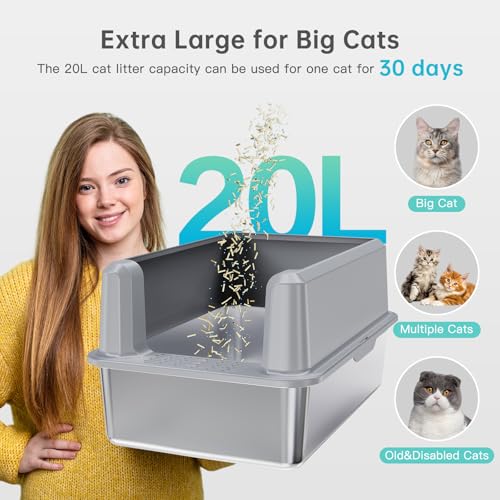 WoofiGo Enclosed Stainless Steel Cat Litter Box with Lid, XL Extra Large Litter Box for Big Cats, Metal Litter Pan High Sided, Never Absorbs Odors, Anti-Urine Leakage, Include Scoop (SH-Light Gray) - color: SH-Light Gray