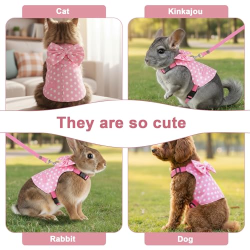Rabbit Harness and Leash Set, Pink Polka Dot Bunny Suit, Cute Easter Bunny Clothes with Cute Bow for Outdoor Training Camping Walking Escape Proof Pink(M) - size: M