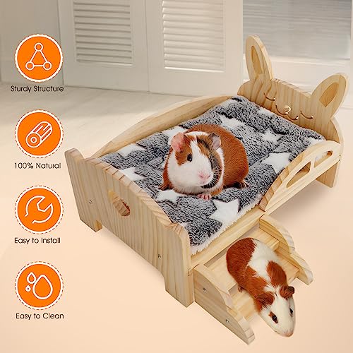 BWOGUE Wooden Guinea Pig Bed with Stairs, Guinea Pig Platform Bed | Guinea Pig Wood Bed Platform, 2-in-1 Design, Washable Soft Fleece Mat, 13.5 x 8.5 x 8.7 in, Hamsters & Chinchillas - size: 13.5''×9.3''×3.3''
