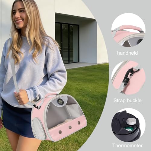 Bearded Dragon Carrier, Reptile Travel Bag with Built-in Thermometer Hygrometer, Breathable Small Animal Carrier with Clear View Window, Portable Guinea Pig Carrier for Gecko, Snake, Hamster - color: Pink