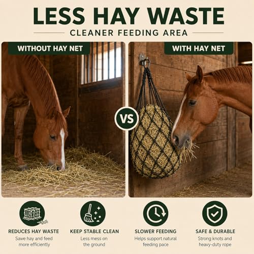 Hay Nets for Horses Slow Feed:Hay Feeder Nets for Horses-40 Inch Length Hay Net with 2 Pairs Gloves-Durable Hay Bags for Horses Goats Sheep Donkey - color: Black-3PCS