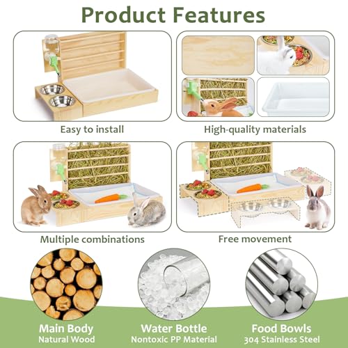 4 in 1 Rabbit Hay Feeder with Litter Box, Small Animals Hay Rack with Water Bottle, and 2 Bowls, Wooden Bunny Hay Holder Feeder Toilet Combo for Rabbit, Guinea Pig, Hamster, Hedgehog, Chinchillas