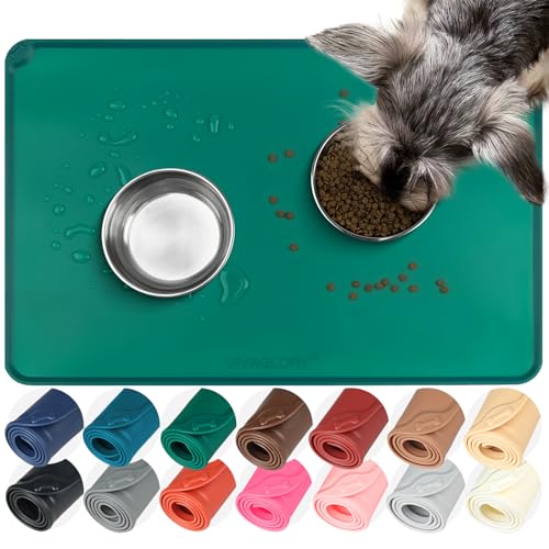 VIVAGLORY Pet Food Mat Flexmat Dog Bowl Mat, L, Deep Green | Non Slip Silicone for Pet Kitten & Doggy, Placemat with Lip for Floor - color: Deep Green, size: L (24.0 x 15.7in)