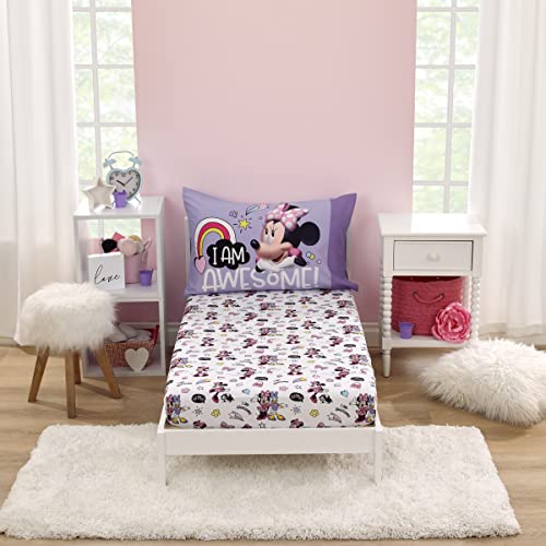 Disney Minnie Mouse I am Awesome Lavender, Pink, and White with BFF Daisy Duck, Rainbow Hearts and Stars 2 Piece Toddler Sheet Set - Fitted Bottom Sheet and Reversible Pillowcase - color: Minnie Mouse I Am Awesome