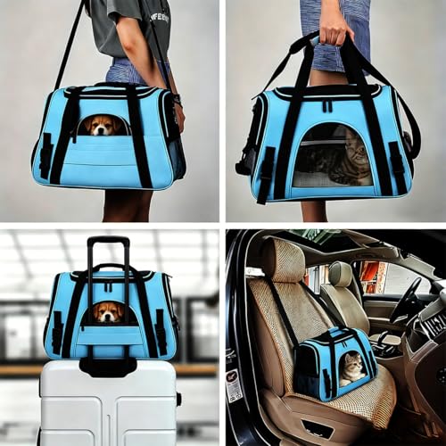 Cat Carrier Bag, Airline Approved Soft Carrier for Cats & Small Dogs | Airline approved pet carrier for pets under 15lb, breathable mesh with privacy cover, lightweight, foldable & washable - color: Blue