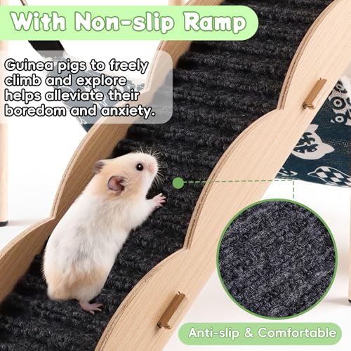 Kalolary Guinea Pig Hideout Wooden Guinea Pig Castle with Stair Hammock Mat | Detachable Double-Decker Guinea Pig House for Small Animals Hamster Chinchilla Bunny Ferret Rabbit Hiding Playing Sleeping