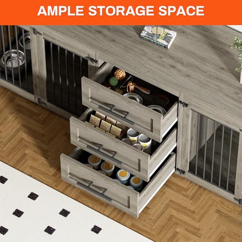 Rophefx 94.5" Dog Crate Furniture for 2 Dogs, Wooden Kennel TV Stand,Grey | Indoor double dog house with 3 storage drawers, 4 feeding bowls, lockable doors, and a wide top for large and medium dogs - color: Grey