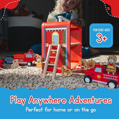 Jack Rabbit Creations Fire House Suitcase Playset - 15 Pieces - Ages 3+ | FSC Certified Wood, 8 in x 4.5 in x 5.5 in, 36 Months+, Red, Truck, Dog, Hydrant, Extinguisher, Ladder