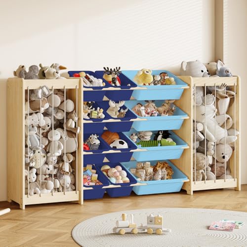 EXPERLAM Large Toy Storage Organizer, Wooden Stuffed Animal Storage & 12-Bins Toy Organizer, Double-Sided Plush Toy Holder Featuring Thicker Ropes, Space Save Bedroom Nursery Playroom Storage, Blue - color: Blue, size: 64.4" L × 11" W × 31.5" H