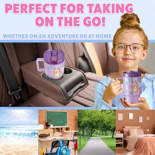 Get Trend Bluey Kids Water Bottle with Straw 16.9 oz BPA Free Plastic Cup with Lid Handle Reusable Drinking Tumbler for School Gifts for Kids (Purple Bluey) - color: Purple Bluey