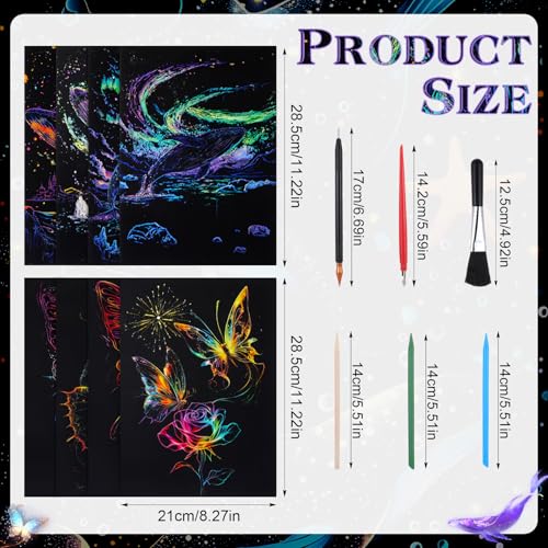 Gersoniel 8 Pack Dark Scratch Glow Art Adults Butterfly,Whale | Noctilucent Rainbow Engraving Sheets Reveal Vibrant Colors, Includes Wooden Stylus and Cleaning Brush for DIY Crafts - color: Hummingbird，butterfly