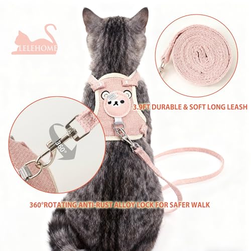 LeLehome Cat Vest Harness and Leash Set - Soft Fabric Cute Pink Bear, Adjustable Straps Walking Escape Proof for Kitten, Puppy, Rabbit (S)