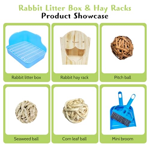 PINVNBY Rabbit Litter Box for Cage Wooden Guinea Pig Hay Rack Feeder Potty Trainer Corner Bunny Litter Box Pet Toilet with Cleaning Set for Guinea Pigs Ferret Rabbits Chinchilla - color: Blue（With hay feeder）, size: S: 11.02 x 8.66 x 5.9 inches (Fixed on