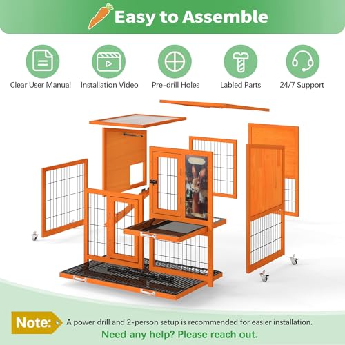 COZIWOW Rabbit Hutch Indoor Outdoor with Wire Floor & Removable Tray Orange | 2-Story Large Wooden Bunny Cage on Wheels, No-Spill Design, Chewproof Ramp for Multiple Small Animals