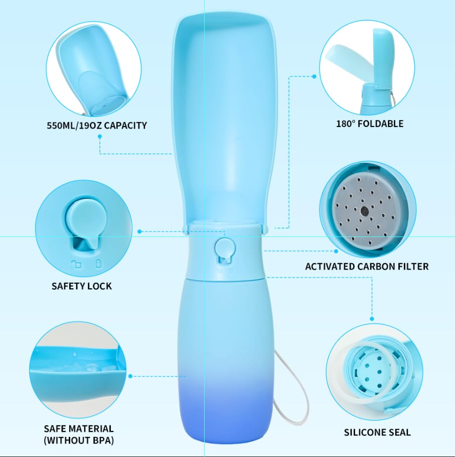 Portable Dog Water Bottle 19oz Blue | Foldable pet water dispenser, food grade plastic, ease to use for outdoor walking, hiking, travel - color: Blue, size: 19OZ