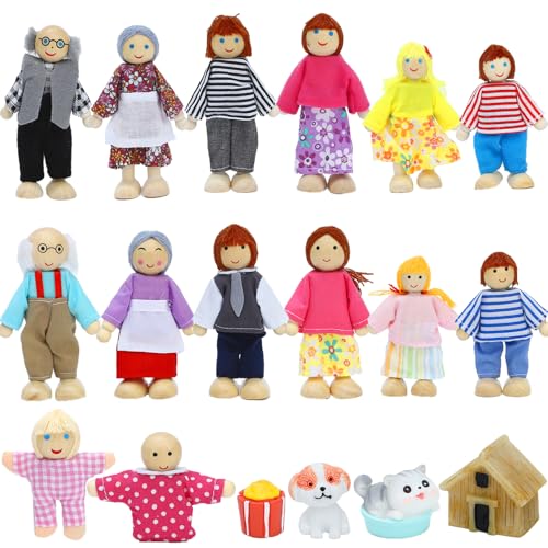 ONEST 18 Pieces Wooden Dollhouse Family Set Mini People Figures Dog Cat Sets Dollhouses Dolls Wooden Doll Family Pretend Play Figures Accessories for Pretend Dollhouse Toy - style: F Set