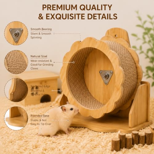 Wooden Hamster Wheel Silent Running Exercise Wheel with Stand Quiet Small Animal Wheel for Hamster Hedgehog Chinchilla Cage Accessories