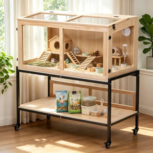 COZIWOW Hamster Cage Chewproof, 39"X18"X40" Movable Large Hamster Habitat | 4 Lockable Caster Wheels, Storage Shelf, Openable Top, Wooden Small Animals Cage for Guinea Pig, Hedgehog, Gerbil, Rat, Mouse - size: 39"L x 18"W x 40"H