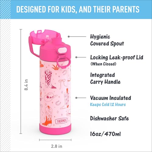 THERMOS FUNTAINER Water Bottle with Spout, 16oz, Cowgirl Charm | Kids Stainless Steel Insulated Water Bottle, Keeps Drinks Cold Longer for School & Play, BPA-Free - color: Cowgirl Charm, size: 16 Ounces