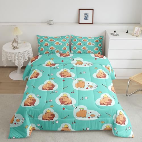 Erosebridal Capybara Floral Twin Duvet Insert,Kids Cartoon Capybara Comforter Set,Cute Flower Branches Duvet Set,Teal - color: Multi 10, size: Twin