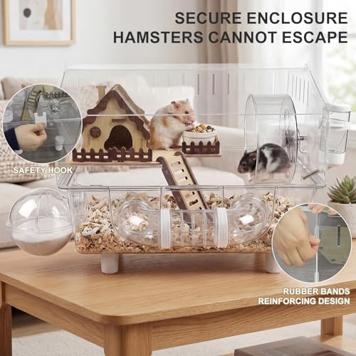 Loungewave Acrylic Hamster Cage, 8 in 1 Gerbil Cage with Accessories | Classic House Style, Dwarf Hamster Cage with Full Transparent Viewing, Clear View Inside Easy to Clean, Excellent Ventilation - color: Transparent