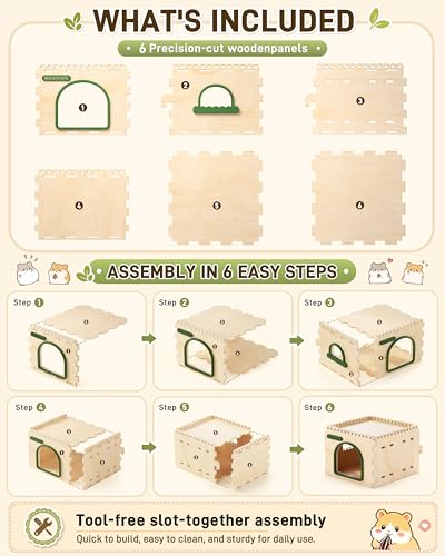 BUCATSTATE Natural Wood Hamster Hideout Castle, Easy-Assemble & Breathable | Multi-channel hideaway, waterproof sturdy wood cage play hut for Syrian Dwarf Hamsters, Gerbils & Mice.