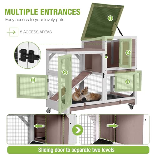 Gutinneen 2-Story Rabbit Hutch Bunny cage Wooden Rabbit Cage Indoor/Outdoor with Chew-Proof Ramp, 2 Leak-Proof Pull-Out Trays, Lockable Wheels for Rabbits, Guinea Pigs, Small Animals (Brown and White)
