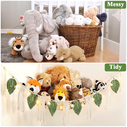 Dremisland Stuffed Animal Toy Net Hammock with Star Light Boho Leaf Macrame Tassel Corner Toy Organizer Bohemian Woven Decor Display Holder for Girls Room Nursery Kids Bedroom Play Room Decor (Green)