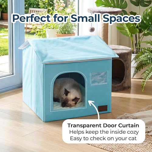 PatiencET Cat Cooling House for 1 Cat, Indoor Cooling Cat House for Summer, Blue Cat Hideaway Bed with Side Ice Packs, Insulated Foil Lining - size: Medium