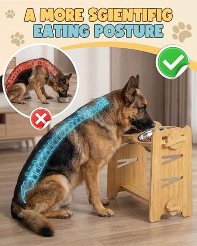 Jovrun Elevated Dog Bowls, Adjustable Raised Dog Bowl Stand for Medium Large Size Dogs, 15°Tilted Elevated Dog Bowls, Durable Bamboo Dogs Feeder with 2 Stainless Steel Bowls and Non-Slip Feet - color: Bamboo, size: 6.8″-13.4″For Medium and Large Dogs