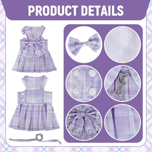 Cute Plaid Dog Dress Clothes for Small Dogs Cats Girl Purple Plaid Dog Dress with Pearls Bow Tie Harness Leash for Spring Summer Birthday Puppy Bunny Rabbit Yorkies Chihuahua Outfits - size: S