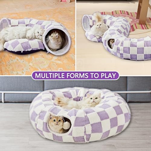 Cat Tunnel Bed with Washable Cushion for Indoor Cat, Donut Cave Tube Toys for Kitten Puppy Rabbit, Purple - color: Purple