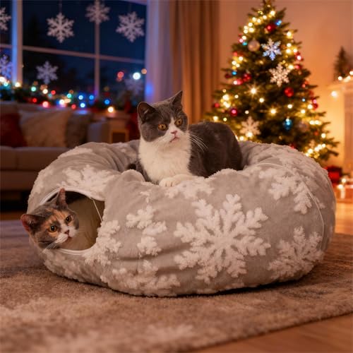 Cat Tunnel with Bed – Soft Plush Peekaboo Donut Cave for Indoor Cats | Under Christmas Tree Hideaway & Multifunctional Playground Toy for Kittens, Rabbits, Ferrets (Short-Pile Fabric Snowflake) - color: Short-pile fabric Snowflake