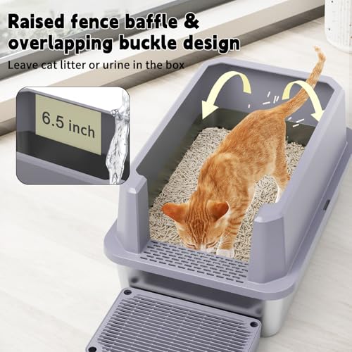 RIZZARI Open Cat Litter Box: Stainless, High Sided, Easy Clean | Spacious for Large Cats / 304 Stainless Anti-Odor / 6.5" Splash Guard / Leak-Proof Seams / Apartments & Laundry - color: Cool Gray