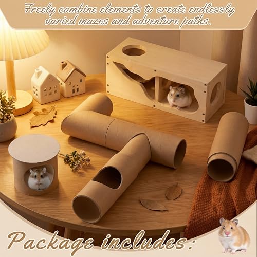 AceOrbit Hamster Tunnel Tubes and Wooden House Set, Composable DIY Hamster Tunnels and Hideout, Small Animal Tube for Mouse Gerbils Mice or Other Small Animals Habitat