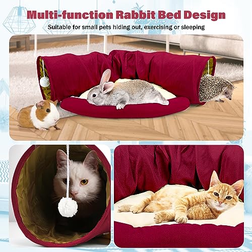 BWOGUE Bunny Tunnel Bed, 2-in-1 Collapsible Rabbit Tunnel Hideout with Mat | Removable Mat for Washing, Ball Toy for Play, Tunnel Tubes for Hiding, Soft Suede Fabric, Cats Rabbits Guinea Pigs - color: Red