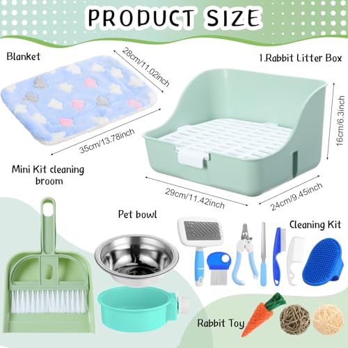 Reallnaive 15 Pcs Rabbit Starter Kit Small Rabbit Litter Box Girls Gift Animal Grooming Kit Bunny Toys Bowl Blankets with Cleaning Set for Guinea Pig Accessories(Green) - color: Green