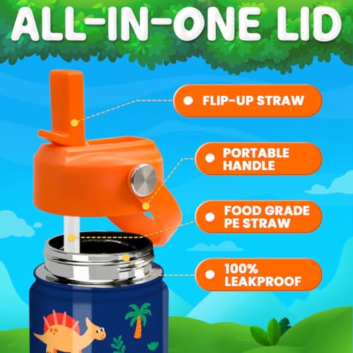 Dinosaur Water Bottle for Boys - Kids Water Bottle with Straw Lid - 12 Oz Insulated Stainless Steel Water Bottles for Kid - Travel Cup for School Sports - color: Dinosaur 2