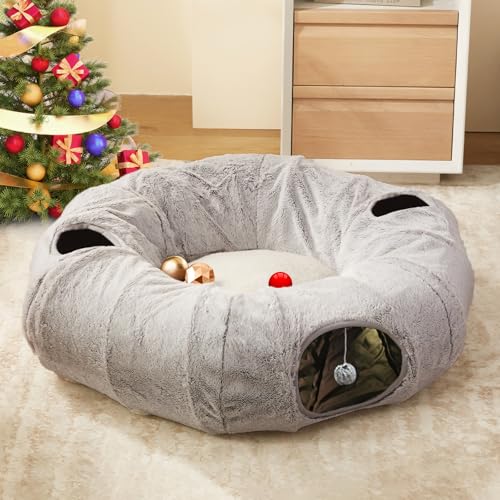 WINDRACING Cat Tunnel Bed for Indoor Cats - Cute Cat Donut Tunnel with Washable Circle Cushion, Round Pet Play Toy for Kitten/Puppy/Rabbit, Grey