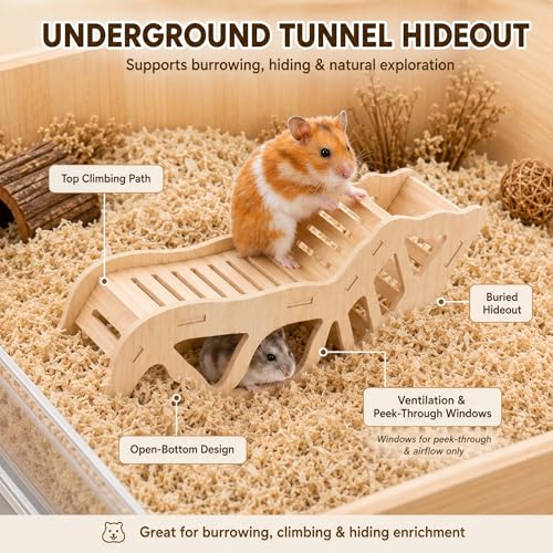 3-Piece Hamster Wood Platform Set with Tunnel Hideout, Natural Cage Accessories with Hides, Food & Water Stations, Climbing & Burrowing for Dwarf, Syrian Hamsters, Mice & Gerbils