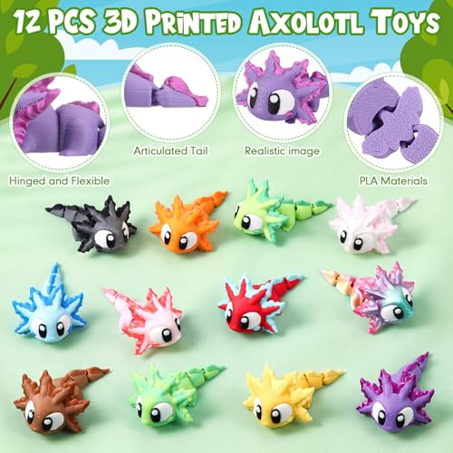 Honoson 12 Pcs 3D Printed Animals 5-7cm, Baby Axolotl Matte Style | Articulated Fidget Animals, Flexible 3D Printed Figures for Stress Relief, Cute Mini Joints for Party Favors and Display - size: 5-7cm, style: Baby Axolotl Matte Style