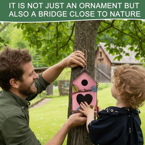 DoubleFill 2 Pcs Birdhouses for Outdoor Hanging Yard Outside Wooden Birdhouse Hand Painted Bird Box for Bird Lovers Bluebird Tree Garden Decor Decorative Birdhouse(Pink,Yellow,Iron Roof) - color: Pink,Yellow, size: Iron Roof