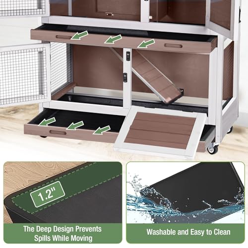 Rabbit Hutch Indoor or Outdoor, Wooden Rabbit Cage with Two Removable Trays, 2-Story Bunny Cage with Wheels, 36’’ Guinea Pig Cage (Brown) - color: Brown, size: 36.0"L x 17.7"W x 36.4"H