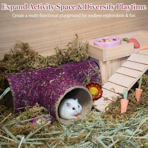 Hamster Hideout Tunnel Natural Hay & Dried Flower Paper Tube Maze Burrowing Habitat Decor for Dwarf Hamsters Gerbils Mice Syrian Hamsters (Rose Flower)