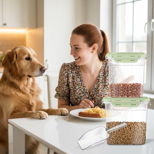 Patelai 6 Pcs Dog and Cat Food Storage Containers with Scoops Set Plastic Pet Food Storage Containers Stackable Airtight Dry for Kitchen 1.27, 2.4, 4 Qt (Green) - color: Green