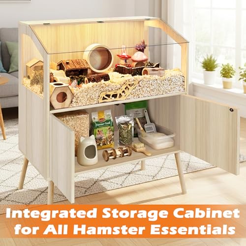 PROLEE Hamster Cage with Storage Cabinet,Large Hamster Encloure Chew Proof Wood,Clear View Hamster Habitat for Guinea Pig, Ferret, Rat, Hedgehog, 40" L x 20" W x 47" H (Oak) - color: Oak