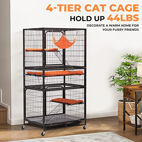 Cat Cages Indoor,4-Tier Ferret Cage, Large Wire Crates with Hammock, Cat Enclosure with 2 Ladders, Cat Kennel with Wheels for Kitten, Guinea Pig, Rabbit, Chinchilla, Black - size: 32.7"L x 23.6"W x 63.0"H