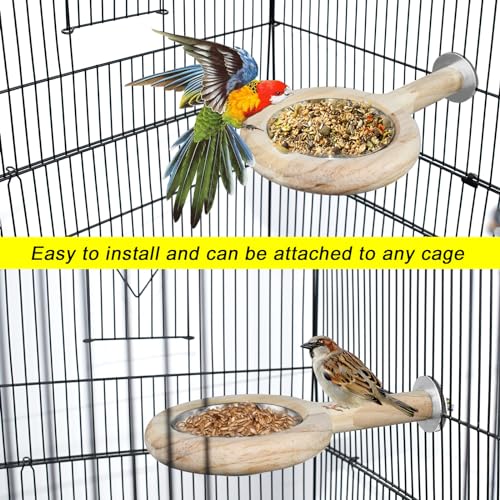 2-Pack Bird Perch Feeding Cup for Parakeet Cockatiel Budgie | Solid wood perch with stainless bowl secures to cage, preventing spills and scattered seeds for small birds - color: 2*large bird feeding cup