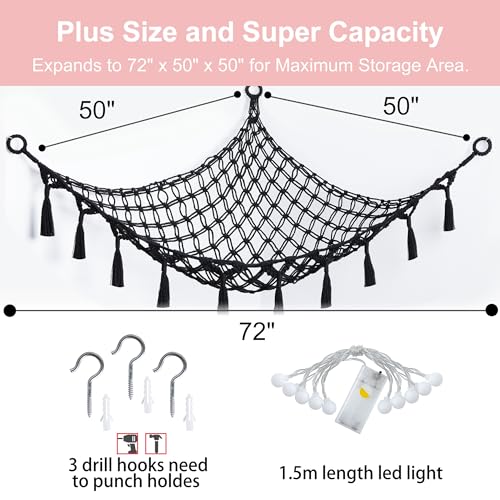 Stuffed Animal Net or Hammock with Light,Yewiwin Macrame Hanging Net Hammock for Stuffed Animal Toy Storage Organizer Boho Decor Room Holder for Nursery Play Room Bedroom (Black(55"*55"*72")) - color: Black(55"*55"*72")