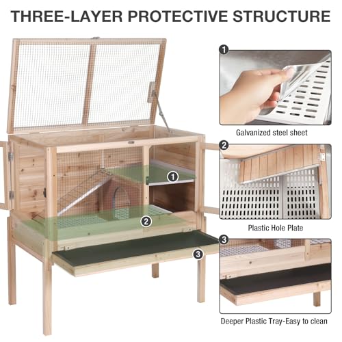 Guinea Pig Cage with Wooden Stand - Hamster Cage, Small Animal Cage Anti Chew Ramp, Hideout, Platform, Pull Out Tray (Wood, L) - color: Wood